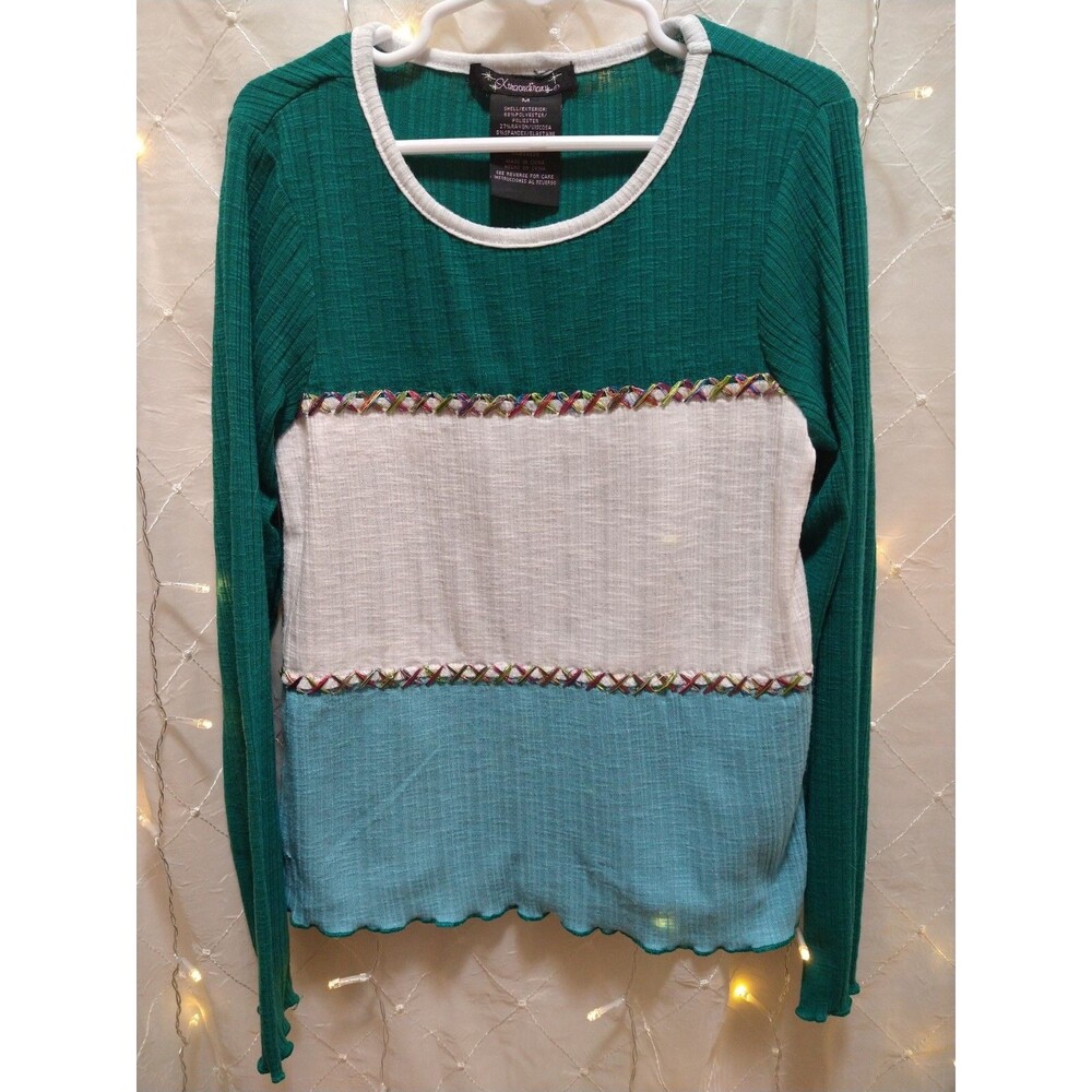 XTRAORDINARY GIRLS MEDIUM GREEN SWEATER RIBBED KNIT COLOR BLOCK ROUND NECK BOHO
